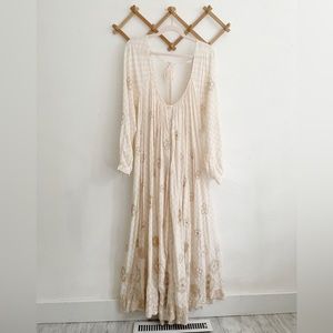 Urban Outfitters Vienna Embroidered Checkered Long-Sleeved Boho Maxi Dress